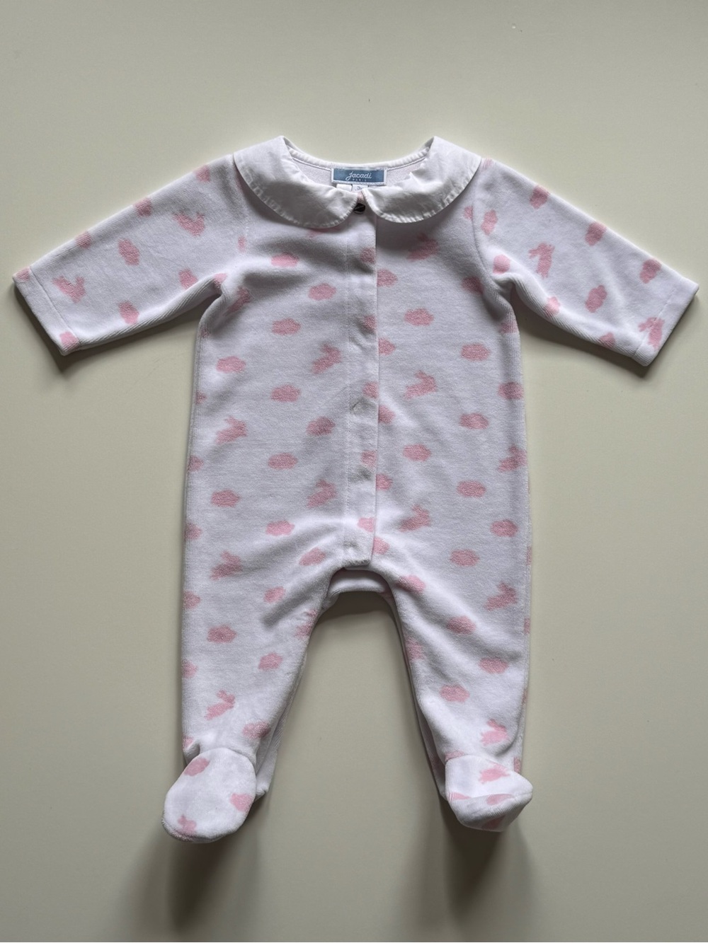 Jacadi Baby Girl White Velvet Footie Pajamas with Pink Clouds & Rabbits - Sz. 3M